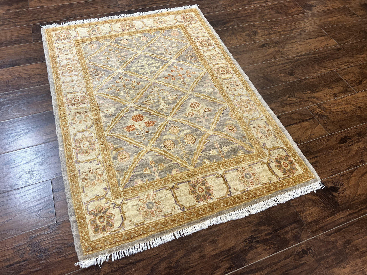 Peshawar Rug 3.6 By 5 Handmade Wool Hand Knotted Vintage Panel Design Oriental Carpet