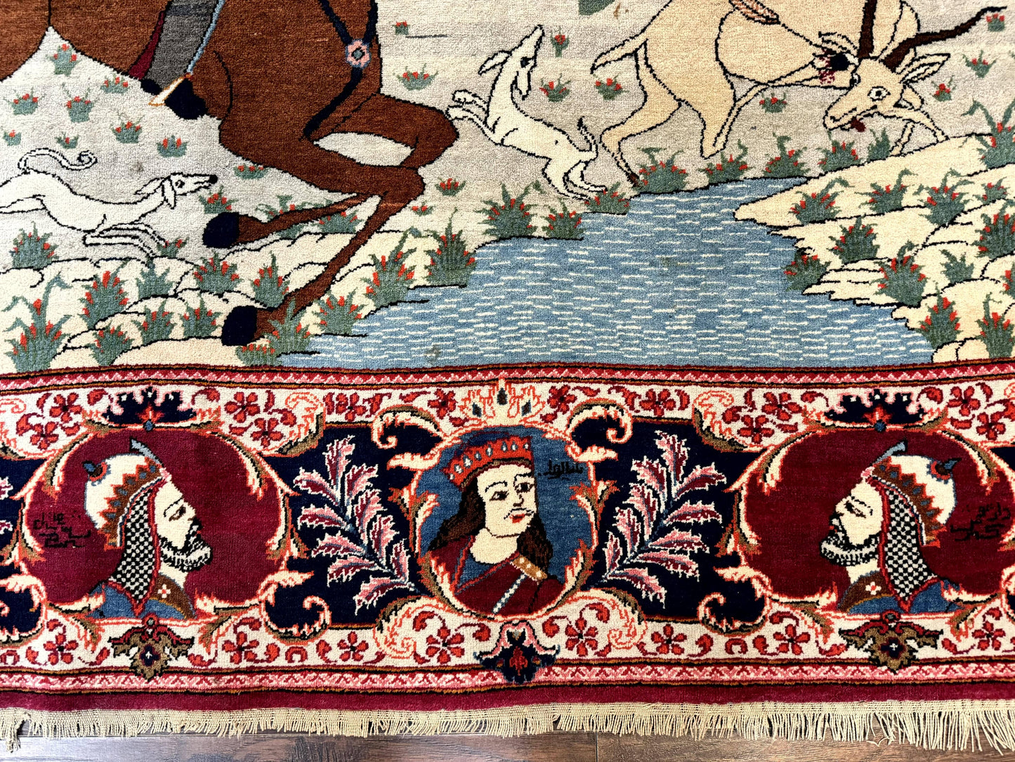 Rare Persian Kashan Pictorial Rug 6x9, King Bahram Hunting Scene, Persian Kings, Hand Knotted Persian Rug for Wall Hanging, Antique, Wool