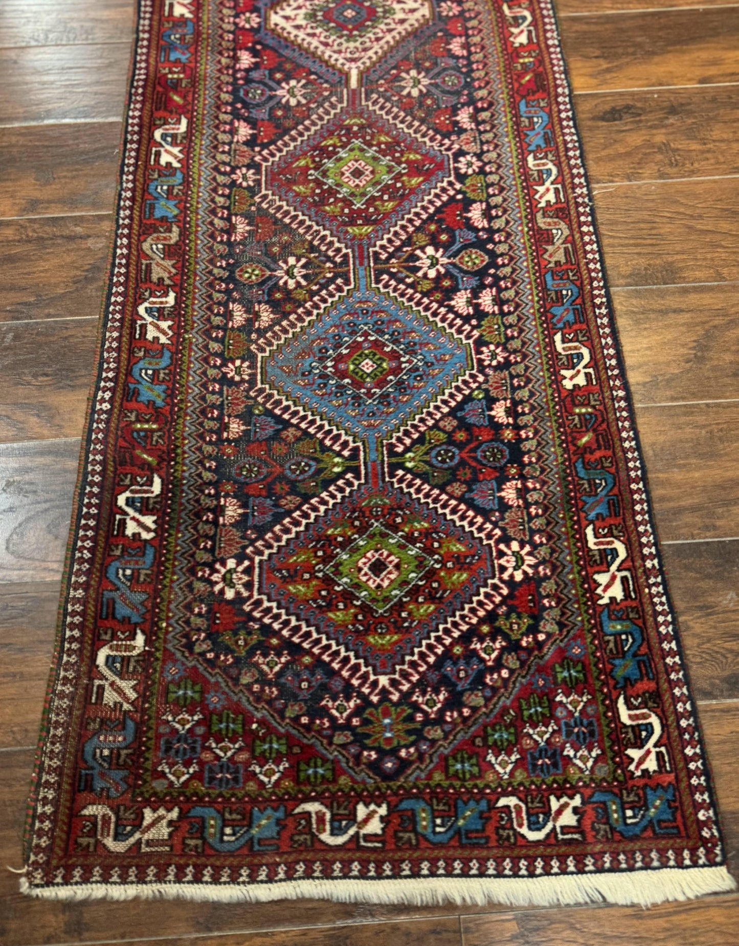 Persian Tribal Runner Rug Hand Knotted Wool Navy Blue Hallway Carpet Antique Shiraz Design