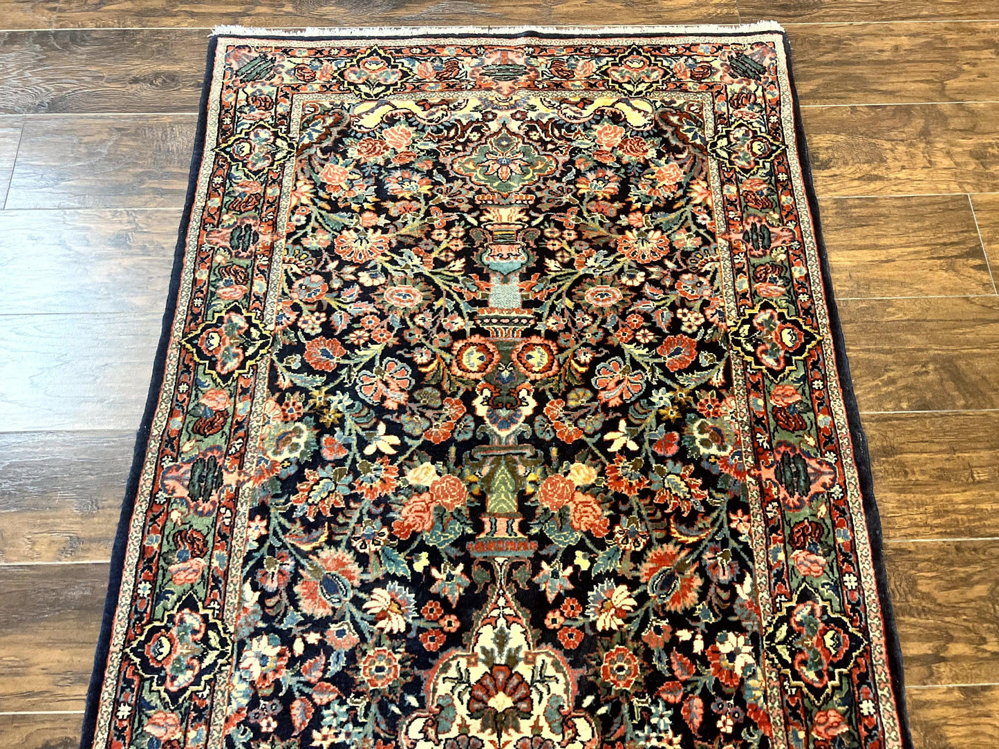 Persian Saoruk Rug 4x5 Navy Blue Red Floral Antique Wool Carpet Handmade