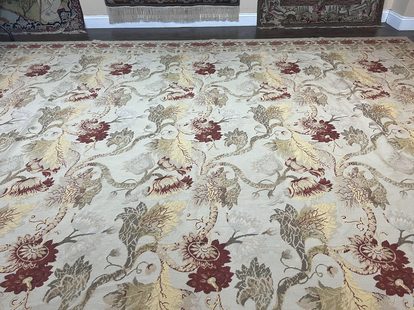 Extra Large Needlepoint Rug 14 x 20, Vintage Handwoven Handmade Wool Flatweave Carpet, Allover Floral Pattern, Elegant European Deisgn Rug