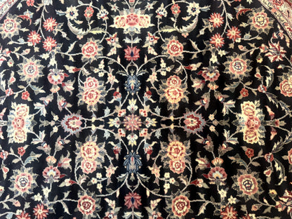 Round Sino Persian Rug 6x6 Floral Navy Blue Red Wool Silk Highlights