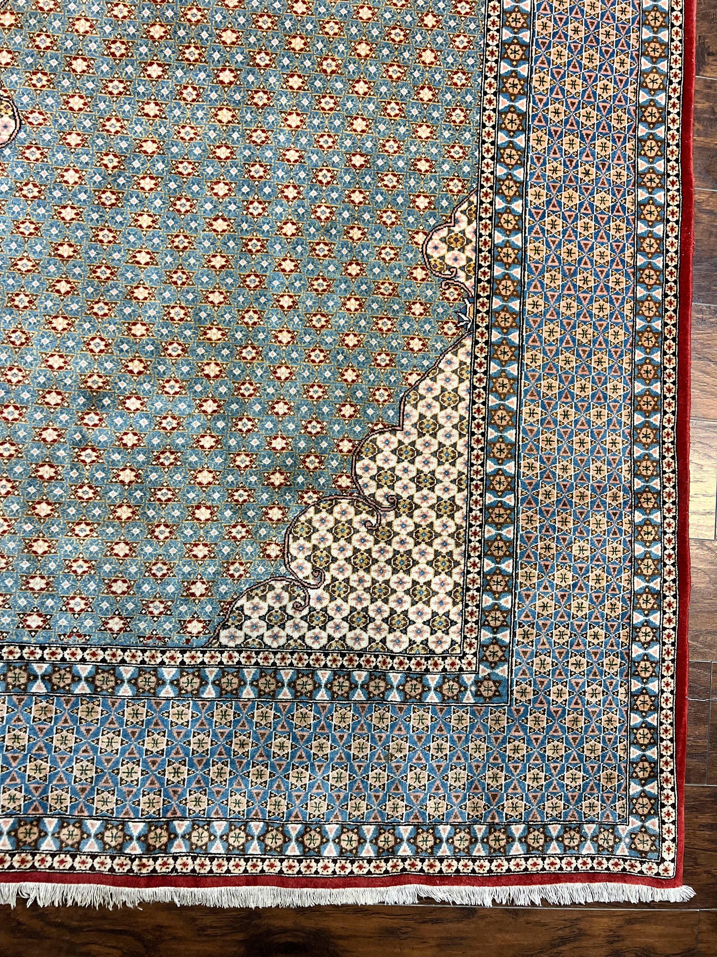 Rare Persian Rug 8x12, Qum Rug, Repeated Star Motifs, Blue and Ivory, Fine 300 KPSI, Hand Knotted Handmade Vintage Wool Rug