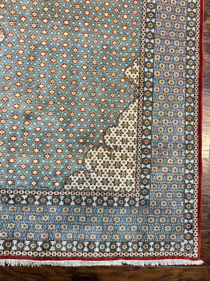 Rare Persian Rug 8x12, Qum Rug, Repeated Star Motifs, Blue and Ivory, Fine 300 KPSI, Hand Knotted Handmade Vintage Wool Rug