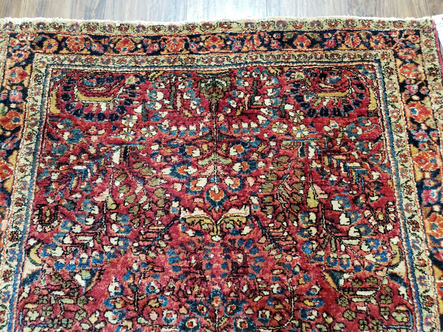 Antique Persian Sarouk Rug, Red, Allover Floral Pattern, Hand-Knotted, Wool, 3'4" x 4'10"