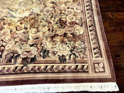 Aubusson Wool Rug 9x11 With Silk Highlights European Vintage Handmade Floral Design