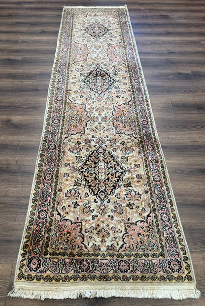 Silk Indian Kashmiri Runner Rug 2.7 x 9.8, Floral Medallions