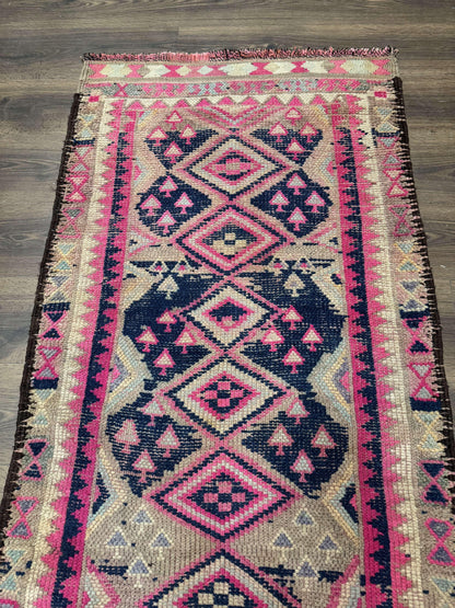 Turkish Runner Rug 3x10, Pink and Navy Blue, Bohemian Runner for Hallway or Kitchen, Vintage, Geometric, Tribal