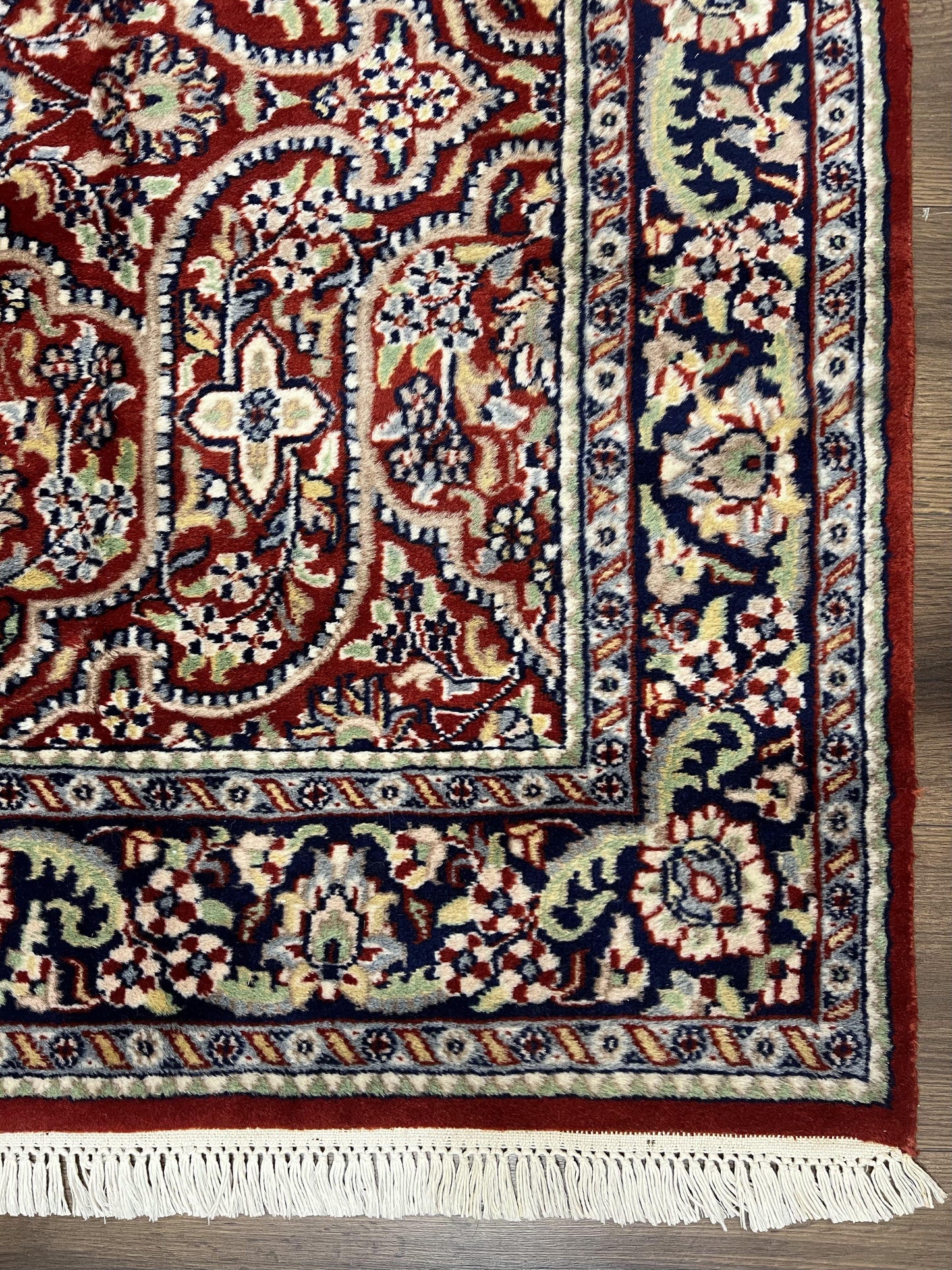 Indo Persian Rug 4x7, Allover Floral Oriental Carpet, Red and Navy Blue, Hand Knotted Indian Kashmiri Traditional Vintage Area Rug 4 x 7 ft