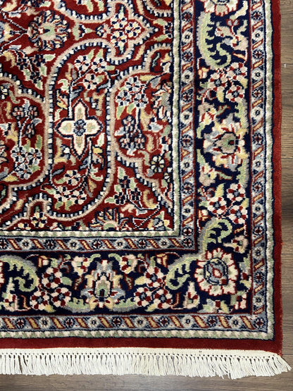 Indo Persian Rug 4x7, Allover Floral Oriental Carpet, Red and Navy Blue, Hand Knotted Indian Kashmiri Traditional Vintage Area Rug 4 x 7 ft