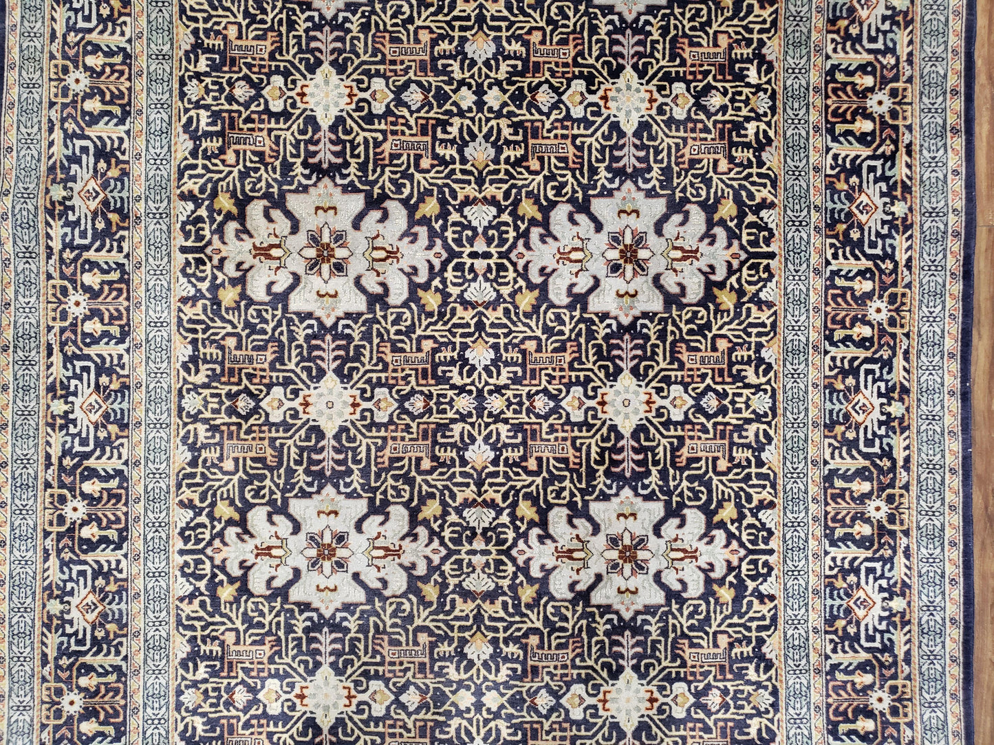 Persian Kashan Rug Hand Knotted Wool Navy Blue
