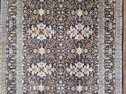 Persian Kashan Rug Hand Knotted Wool Navy Blue