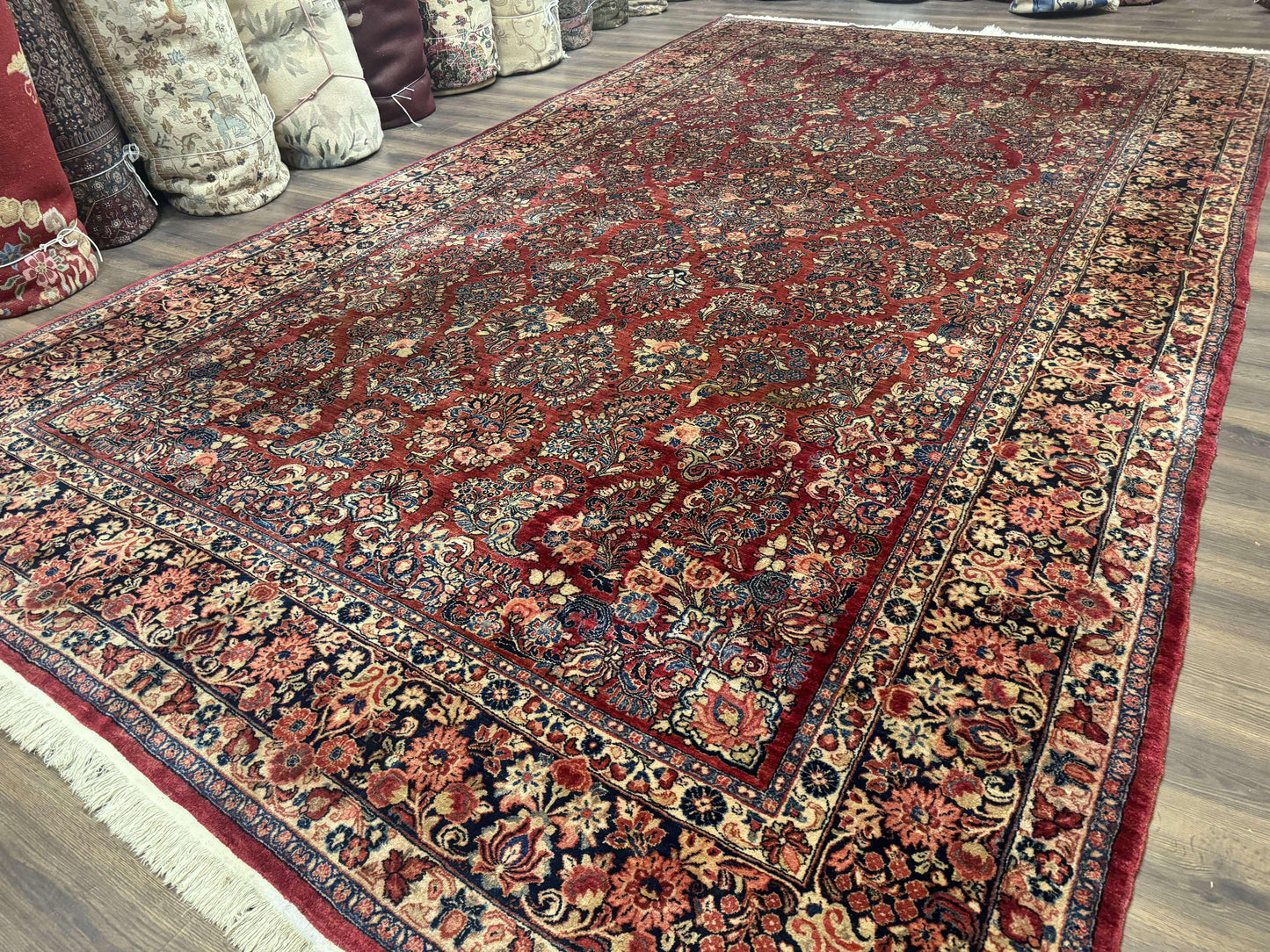 Persian Sarouk Rug 10x17 Large Handmade Wool Red Floral Allover Antique