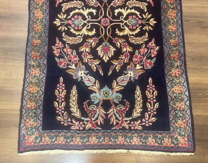 Persian Kerman Rug Antique Navy Blue Floral 2 Ft 8 In By 4 Ft Hand Woven