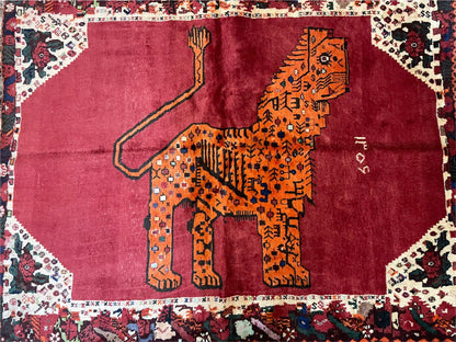 Handmade Wool Rug 5x6 Zagros Lion Leopard Tribal With Organic Dyes