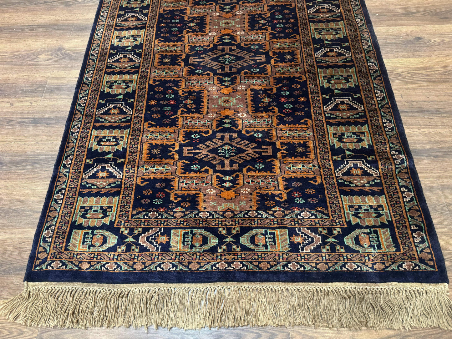 Vintage Afghan Rug 4x6, Navy Blue and Light Brown, Geometric Medallions, Wool on Wool, Tribal Rug