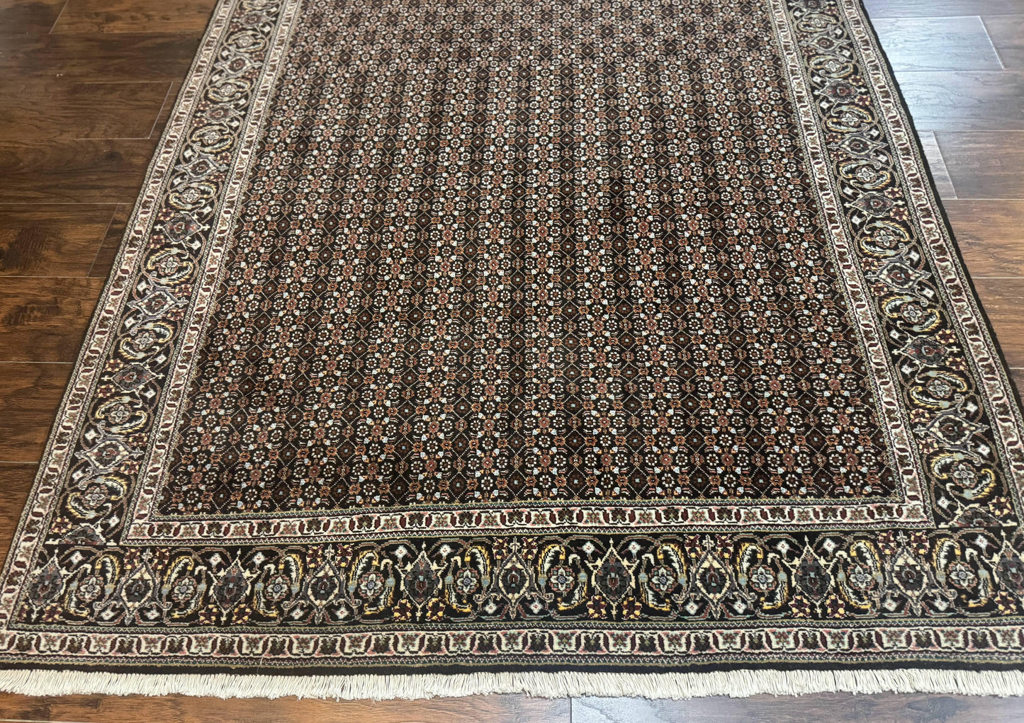 Persian Tabriz Rug 5x7 Black Allover Pattern Handknotted Wool