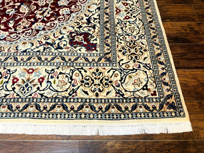 Persian Nain Rug 8x11 Wool Silk Highlights Burgundy Ivory Floral Medallion
