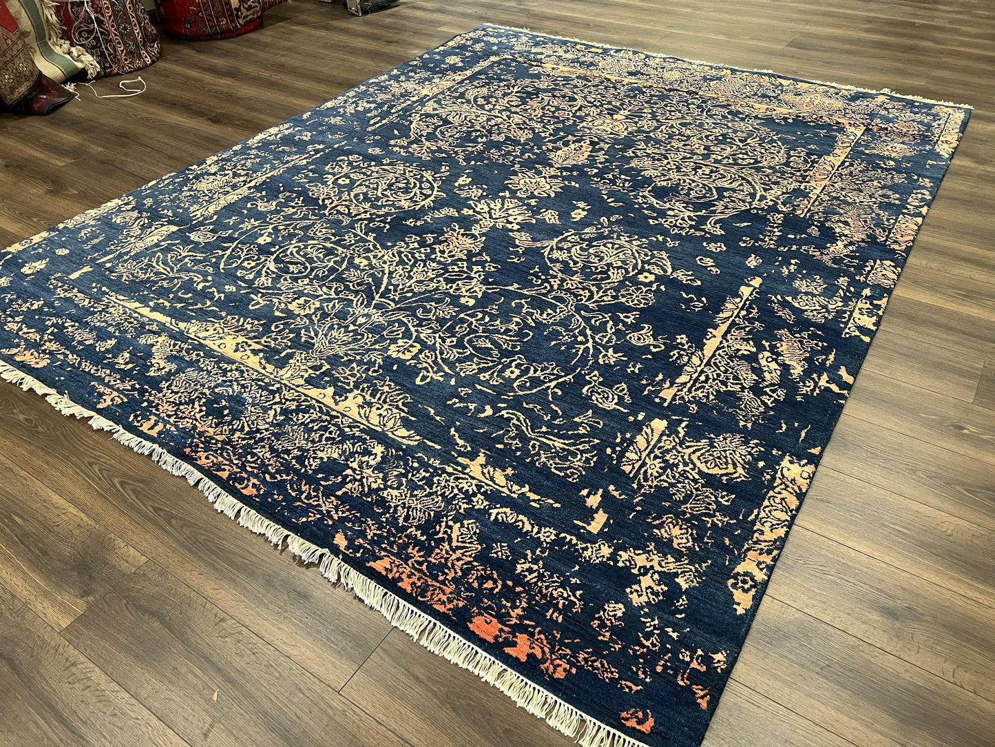 Handmade Wool Area Rug 8x10 Pakistani Oriental Blue and Gold Modern Living Room Decor