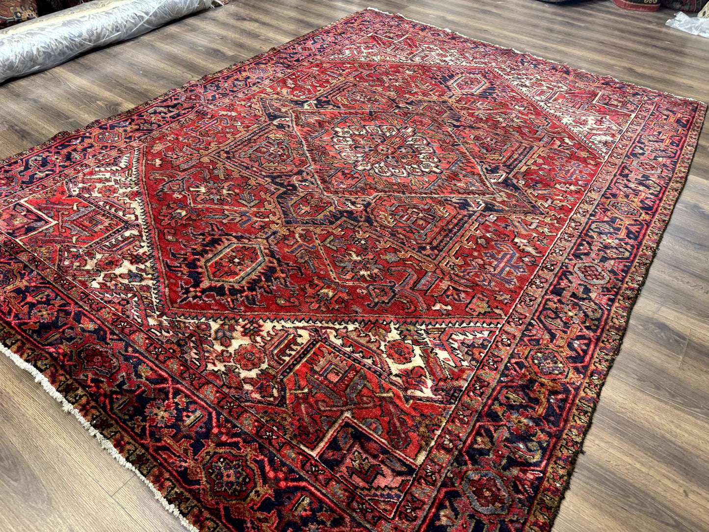 Persian Heriz Rug 7x10, Geometric Pattern, Red Ivory Navy Blue