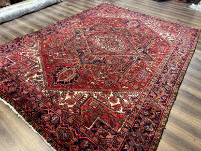 Persian Heriz Rug 7x10, Geometric Pattern, Red Ivory Navy Blue