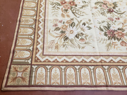 Needlepoint Rug 8x10 Aubusson Rug Victorian Floral Rug Handmade French Style French Decor Garden Panel Beige 8 x 10 Area Rug 100% Wool