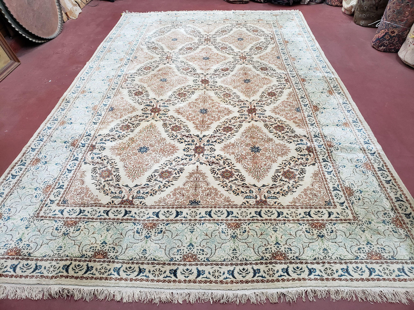 Fine Antique Persian Light Colored Kashan Carpet, 7x12, Top Quality, Rare, Ivory & Blues, Hand-Knotted, Wool