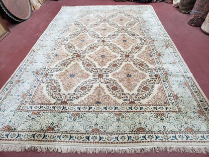 Fine Antique Persian Light Colored Kashan Carpet, 7x12, Top Quality, Rare, Ivory & Blues, Hand-Knotted, Wool