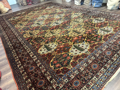 Persian Bakhtiari Rug Antique 12x19 Hand Knotted Wool Panel Design Peacocks Multicolor