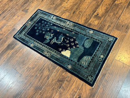 Antique Chinese Peking Rug 3x5 Handmade Wool Oriental Carpet With Deer And Birds