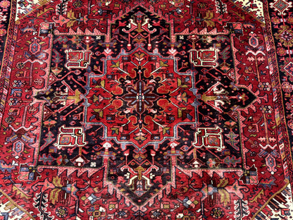 Persian Heriz Rug 8x11, Geometric Design, Red & Cream