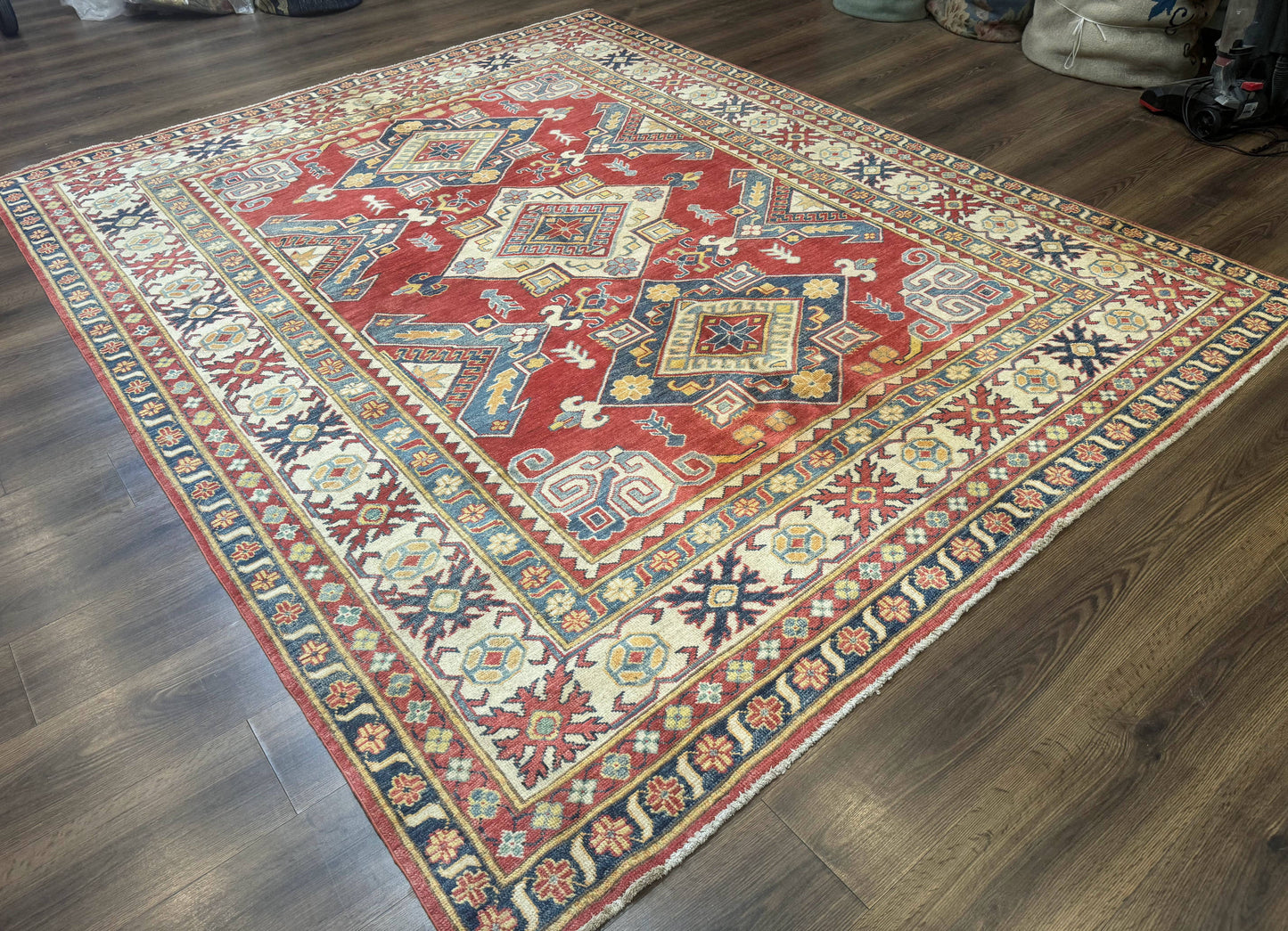 Turkish Kazak Rug 7.6 x 9.5 Hand Knotted Wool Caucasian Geometric Medallions