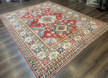 Turkish Kazak Rug 7.6 x 9.5 Hand Knotted Wool Caucasian Geometric Medallions