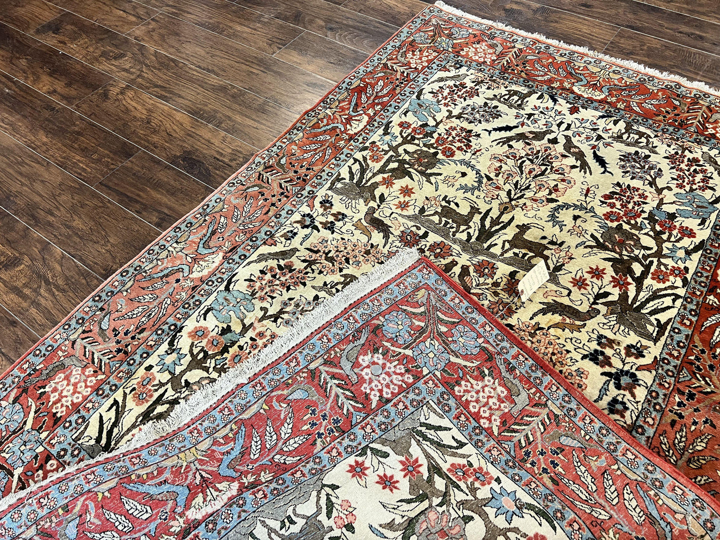 Persian Tree of Life 5x7, Qum Rug, Animal Motifs, Deer Birds, Fine 225 KPSI, Semi Antique Wool Rug, Cream Red