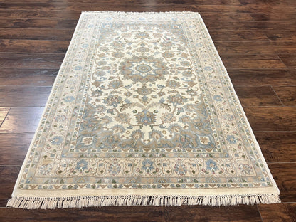 Indo Persian Rug 4x6 Floral Medallion Handmade Wool Beige Vintage Carpet