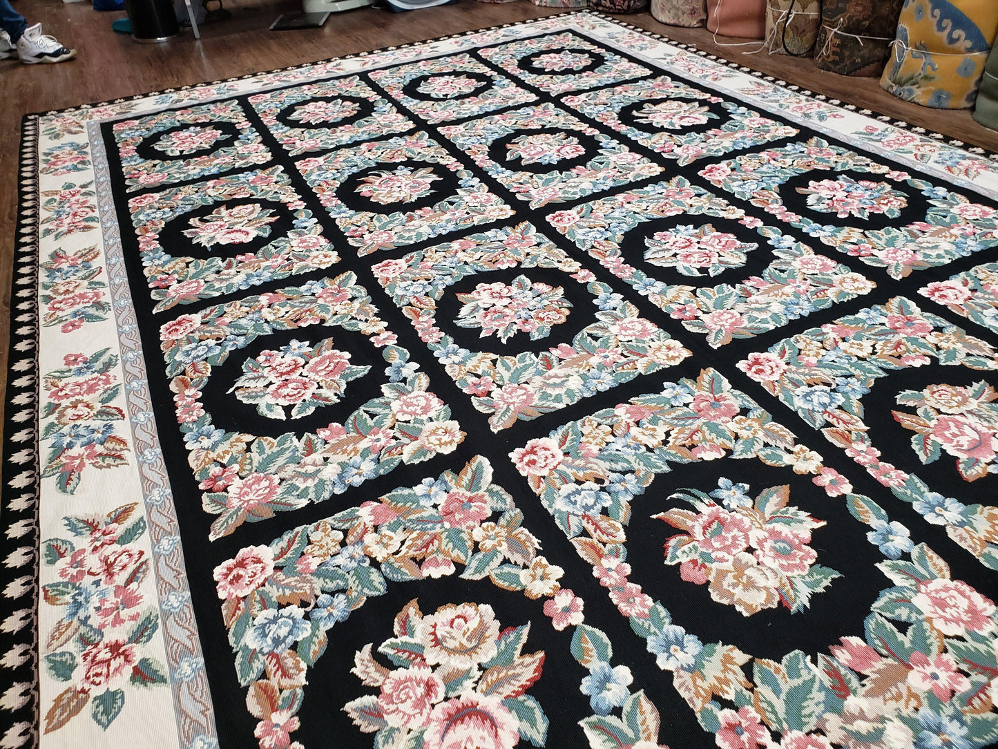 Floral Needlepoint Rug 9.5 x 13.6, Floral Panel Design, Black and Ivory Flatweave Aubusson Carpet, Multicolor