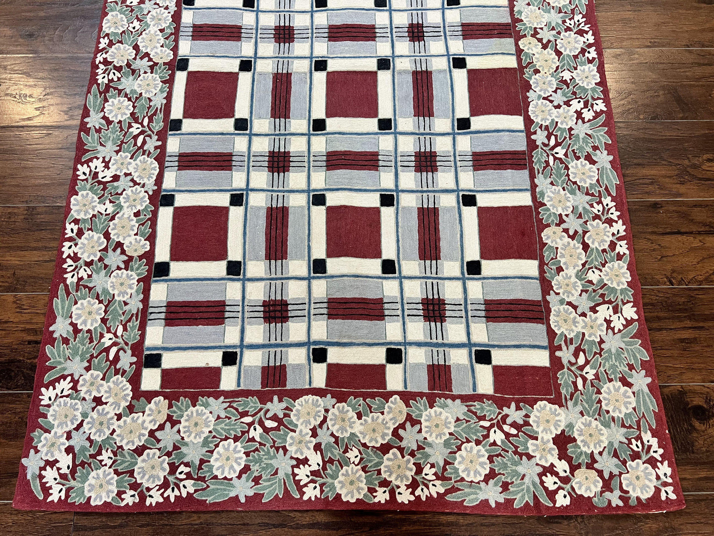 Indian Hand Stitched Rug 4x6, Vintage Carpet, Checkerboard Floral Pattern, Maroon Ivory, Flatweave, Wool