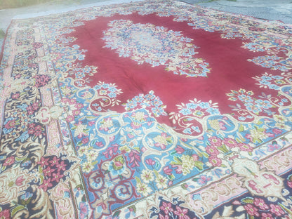 Antique Persian Kirman Rug 10x17 Oriental Carpet 10 x 17, Red, Multicolor, Namazian Signature Master Weaver, Shabby Chic, Semi Open Field