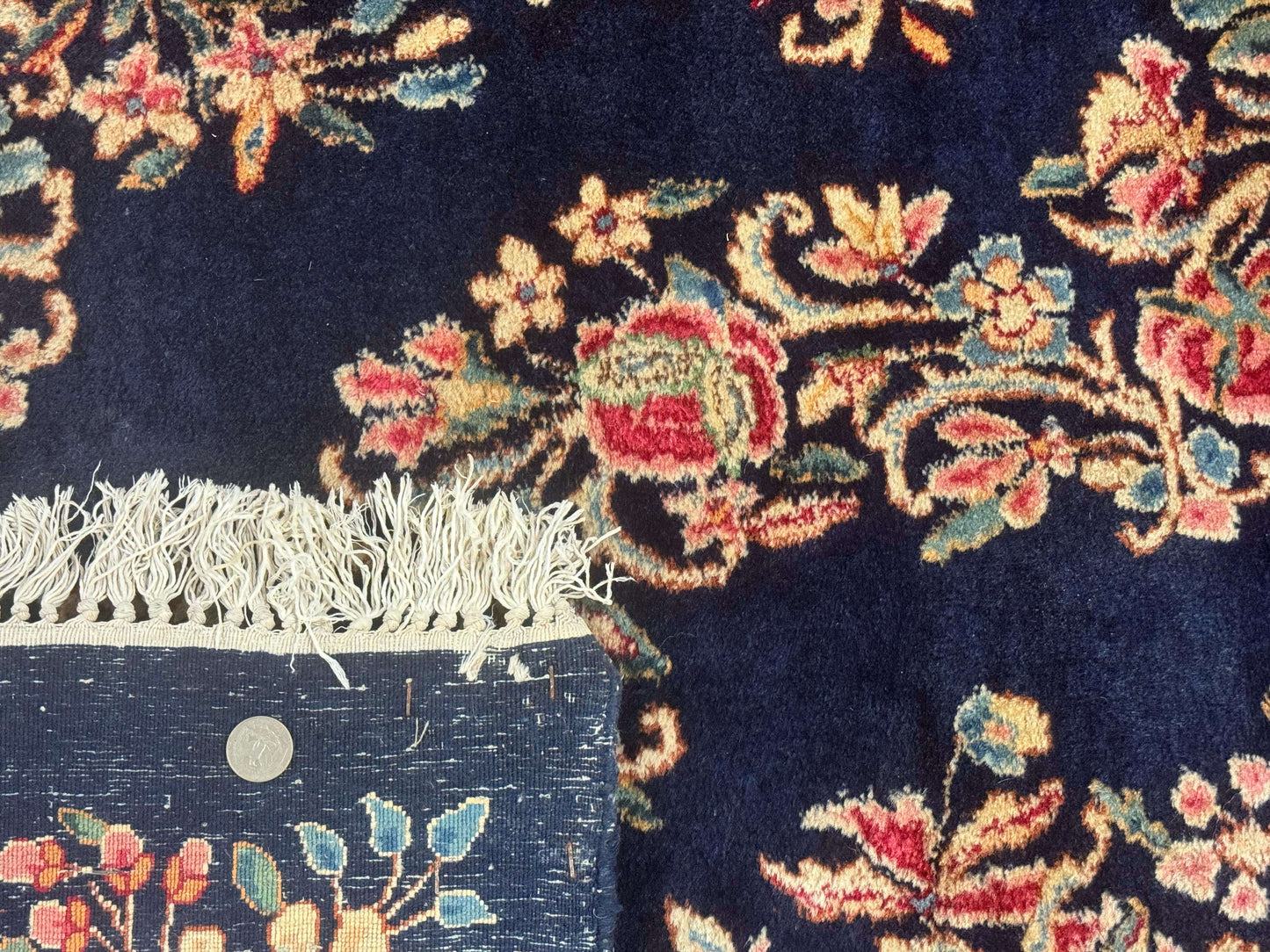 Antique Persian Kerman Rug 10x13 Navy Blue Floral Carpet Fine 270 KPSI