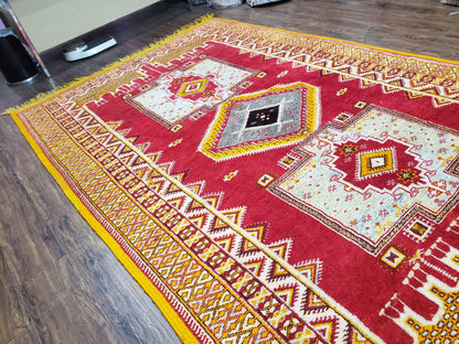 Vintage Moroccan Rug 6x10, Red and Yellow Moroccan Carpet, Handmade Bohemian Tribal Area Rug, Hand-Knotted 1970s Wool Rug, Medalions