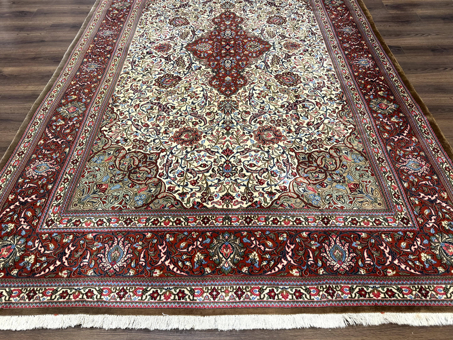 Persian Qum Rug 7x11 Beige Red Floral Medallion 260 KPSI Hand Knotted