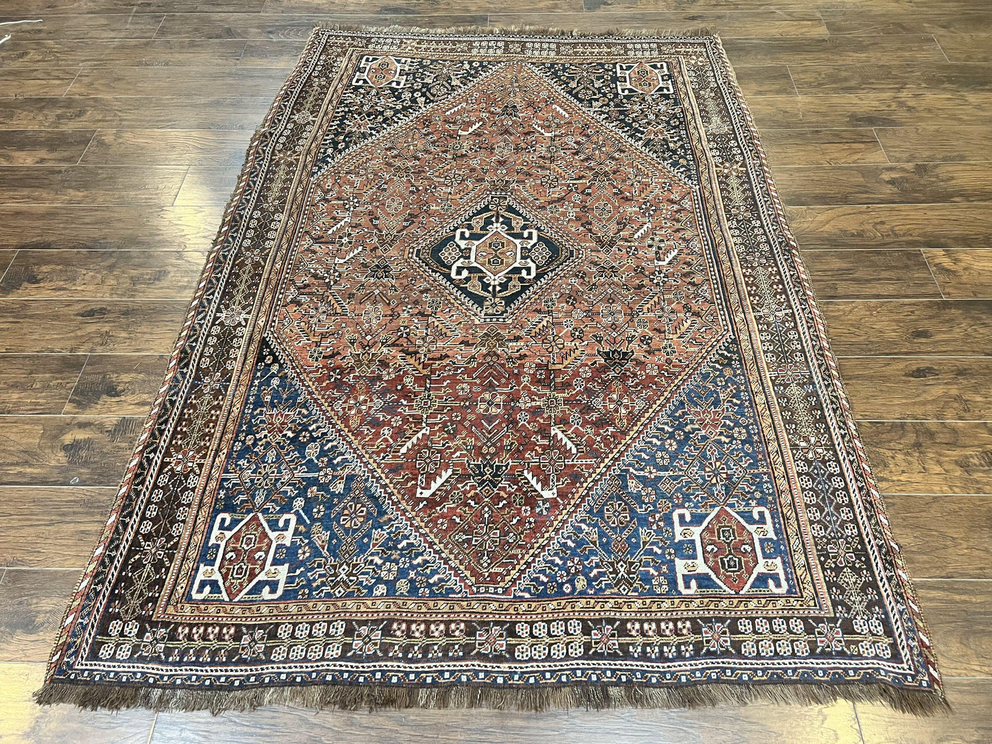 Antique Persian Shiraz Tribal Rug 6x8 Hand Knotted Wool Carpet Red Blue Geometric Design