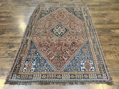 Antique Persian Shiraz Tribal Rug 6x8 Hand Knotted Wool Carpet Red Blue Geometric Design