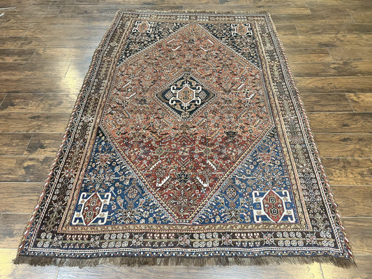 Antique Persian Shiraz Tribal Rug 6x8 Hand Knotted Wool Carpet Red Blue Geometric Design