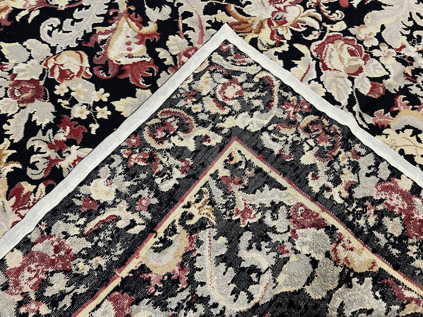 Wool Needlepoint Rug 9x12, William Morris Vintage Chinese Needlepoint Carpet 9 x 12, Handwoven, Allover Floral Area Rug, Black Light Green