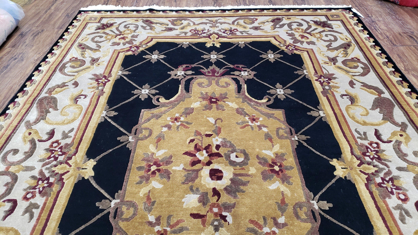 Aubusson Savonnerie Wool Rug 6x9 Hand Knotted Black Beige Nepalese Design