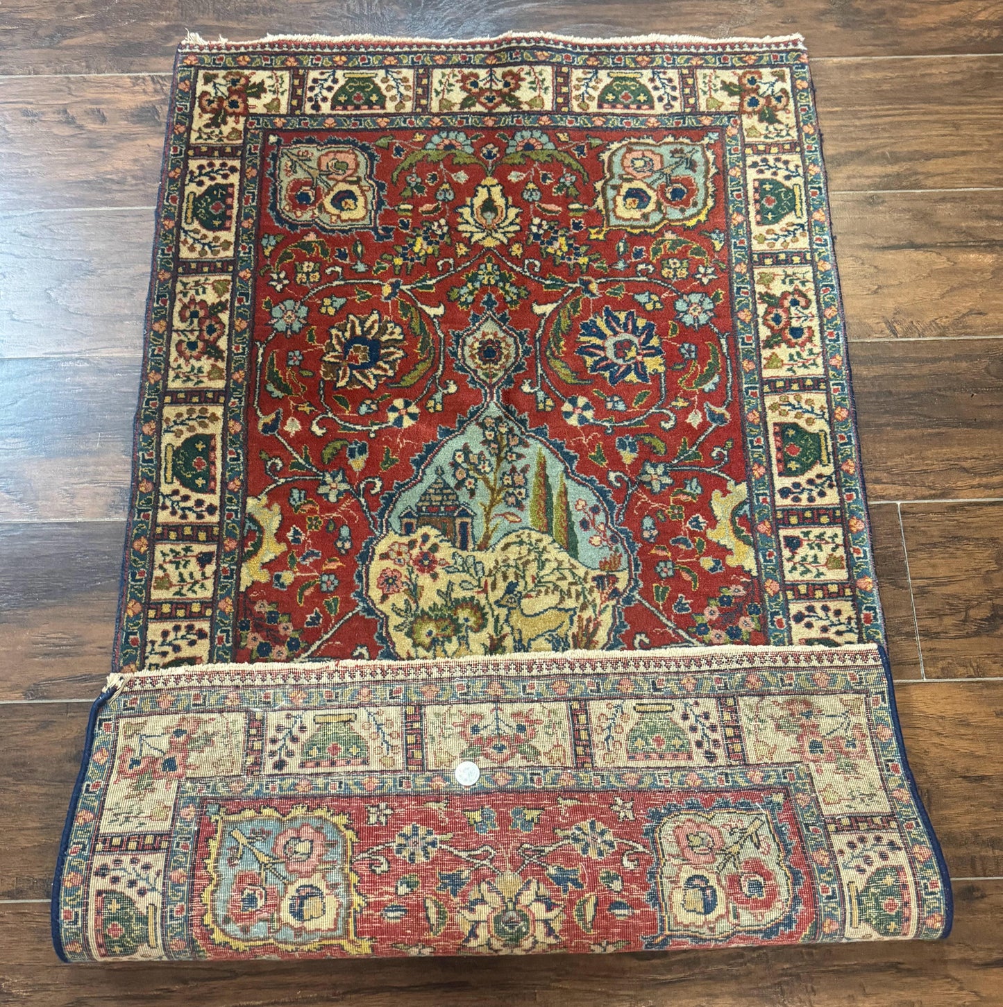 Small Persian Tabriz Rug 2.8 x 4.7, Red, Animal Pictorials, Semi Antique Vintage