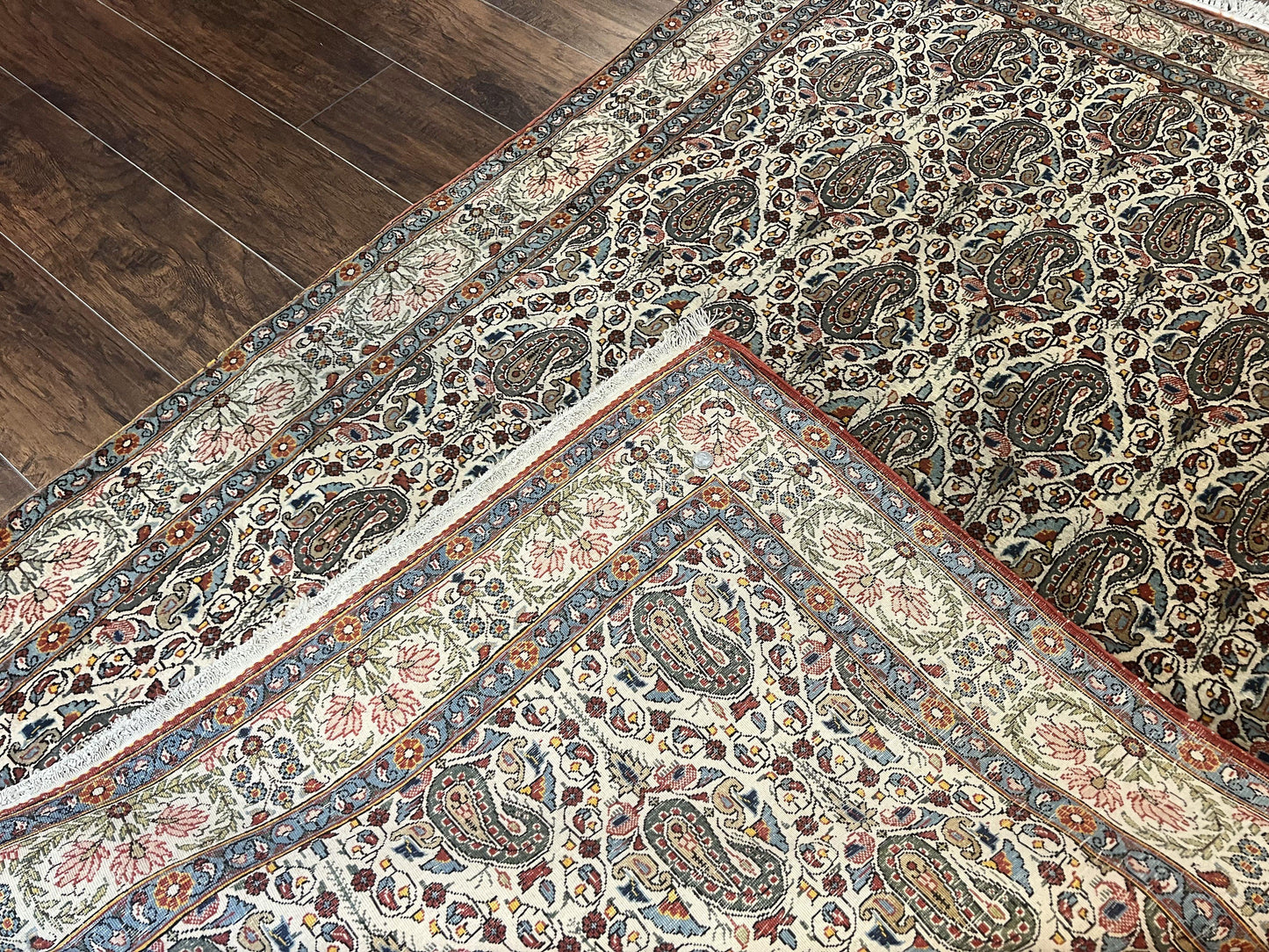 Persian Qum Rug 5x6 Cream Wool Hand Knotted Carpet With Repeated Boteh Paisley Design Semi Antique Vintage