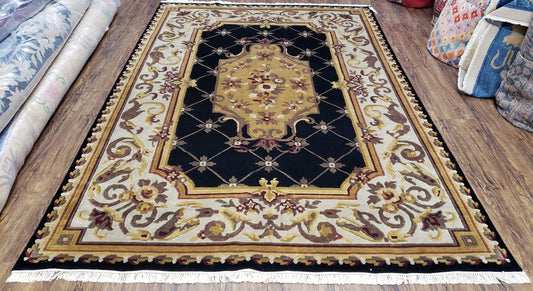 Aubusson Savonnerie Wool Rug 6x9 Hand Knotted Black Beige Nepalese Design