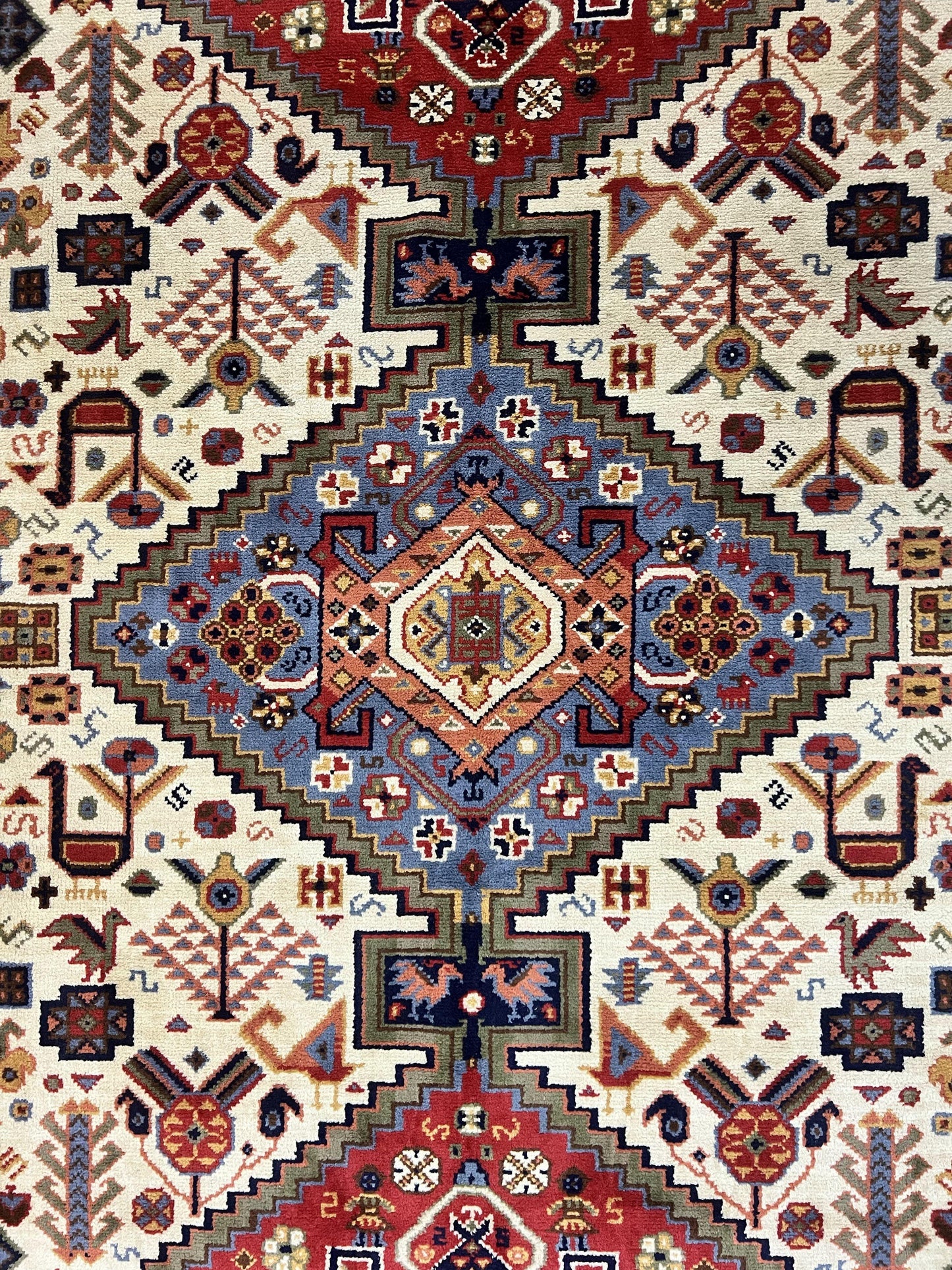 Belgium Power Loomed Wool Rug 8x12 Geometric Medallions Persian Tribal Pattern Ivory Red Blue